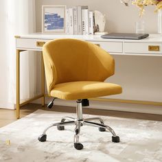 a yellow office chair sitting on top of a white rug