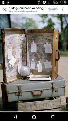 an open suitcase sitting on top of a wooden crate filled with papers and other items