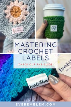 Guide to mastering crochet labels with examples on different yarn items, available at EverEmblem.com. How To Package Crochet Items To Sell, Labels For Crochet Items, Label Produk, Custom Fabric Labels, Crochet Granny Stitch, Knitting Labels, Make Your Own Labels, Label Ideas