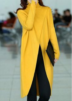 Sweater #Fashion #Sweater Winter Tops For Women, Yellow Coat, Asymmetrical Sweater, Yellow Jacket, Winter Tops, Yellow Sweater, Cool Stuff, Mode Inspiration, Trendy Tops