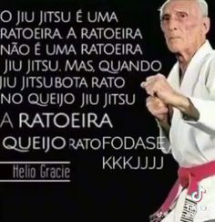 an old man is practicing karate in front of a black background with words written on it