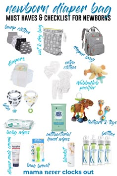 a baby's diaper bag is shown with the words, must haves and checklist for newborns