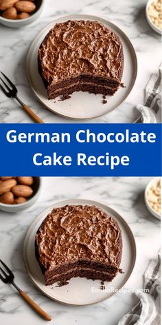 german chocolate cake recipe on a white plate with almonds in the background and two pictures