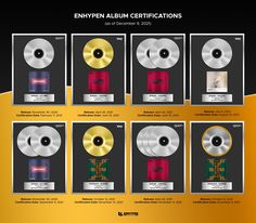 four different cd's are shown with gold, silver and red discs on them