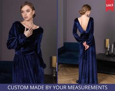 "👉 This navy blue long velvet dress is made of high quality velvet. You don't need to tie the dress, it has an elastic waist. Has separate sash. 👉 All dresses are custom and I make the dress by your measurements, that's why it is very important to leave all measurements in the box \"Personalization\". Please, see in my instruction \"How to measure\". If you have any questions about measurements, do not hesitate to ask about it, I will gladly help. 👉 You need to choose approximate size according to your bust measurements and then leave all needed measurements in box \"Personalization\". The sizes: XS, S, M, L, XL, 2XL, 3XL, 4XL, 5XL (see the Size Guide in the photo of this listing).  👉 The standard length of this dress from the waist is 45 inches (115 cm). You can change dress length, s Velvet Wedding Guest Dress, Blue Formal Dress Long, Bridesmaid Dress Velvet, Velvet Blue Dress, Royal Blue Velvet Dress, Velvet Dress Plus Size, Navy Blue Velvet Dress, Velvet Bridesmaid Dress, Long Velvet Dress