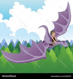 a girl riding on the back of a purple dragon in front of mountains and trees