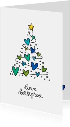 a christmas card with hearts and stars on the top, in blue and green colors