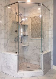 a walk in shower sitting inside of a bathroom