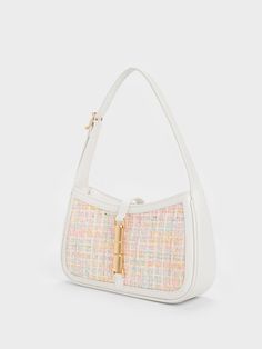 White Cesia Metallic Accent Tweed Shoulder Bag - CHARLES & KEITH US Neutral Purse, Elegant Handbags, Preppy Bags, Hand Bags For Women, Charles Keith