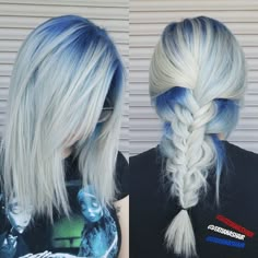 Blonde hair with blue roots #fishtailbraid #icyblonde Blonde Hair With Blue, Teen Hair Colors, Silver Blue Hair, Dark Auburn Hair Color, Blue Hair Highlights, Dark Auburn Hair, Blue Roots, Hair Dye Ideas