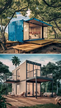 two pictures side by side of a house made out of shipping containers