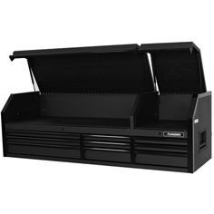 a black toolbox with two open drawers