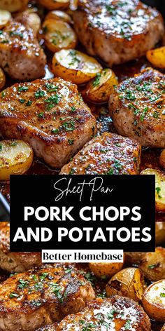 pork chops and potatoes in a skillet with text overlay that reads, shrimp pork chops and potatoes