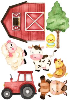 watercolor farm animals and barn clipart