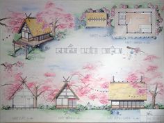 a drawing of some houses and trees with pink flowers