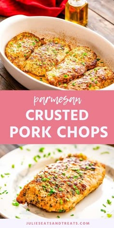 pork chops with parmesan crust in a white casserole dish