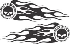 two black and white fire flames with skulls on the sides, one is for harley davidson motorcycles