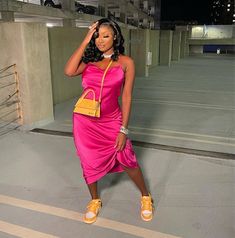 Satin Dress With Sneakers, Sneakerball Party Outfits, Sneakerball Outfits Women, Hot Pink Satin Dress, Dresses With Tennis Shoes, Satin Dress Outfit, Dress And Sneakers, Dress And Sneakers Outfit, Sneaker Ball