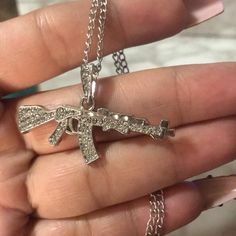 Nwot Cute Blinged Out Rifle.. His Or Her.. Comes With Silver Chain That Can Be Changed Out If You Want To Put It On Something Else 18-20” Chain Silver Y2k Jewelry, Ak47 Necklace, Wishlist Ideas I Want, Bling Accessories, Streetwear Jewelry, Dope Jewelry Accessories, Necklaces Women, Y2k Accessories, Women Chain