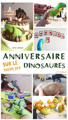 a collage of pictures with dinosaurs and other things to eat on the table in front of them