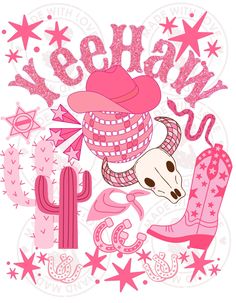 a cowgirl design with pink and white stars, cowboy boots, an american flag