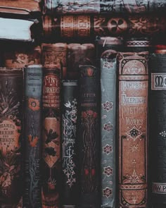 old books lined up on a shelf in front of a bookcase with ornate designs