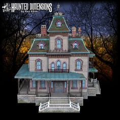 an image of a doll house in the dark with trees and bushes behind it that reads, haunted dimensionss by ray kerm