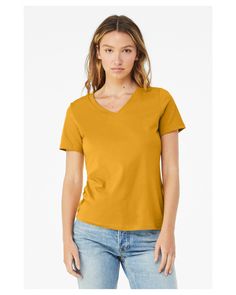 Women's Relaxed Jersey Short Sleeve V-Neck T-Shirt - MUSTARD - S | Bella + Canvas Women's Relaxed Jersey Short Sleeve V-Neck T-Shirt in Mustard Size Small | Ringspun Cotton B, BC, 6415, CVC, BC6415, BCCVC Twill Shirt, Pullover Jacket, Poplin Shirt, Henley Shirts, Hoodie Top, Pullover Sweatshirts, Lightweight Jacket, Sports Shirts, V Neck Tee