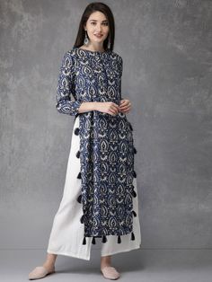 "WELCOME TO ZENPURE PRODUCT INFO Blue printed straight kurta, has a round neck, three-quarter sleeves, straight hem, side slits Size & Fit The model (height 5'8\") is wearing a size S Material & Care 100% polyester Hand-wash SIZING DETAILS Size XS Bust - 32in Length - 47in Waist - 26in Hips - 34in Size S Bust - 34in Length - 47in Waist - 28in Hips - 36in Size M Bust - 36in Length - 47in Waist - 30in Hips - 38in Size L Bust - 38in Length - 47in Waist - 32in Hips - 40in Size XL Bust - 40in Length Kalamkari Kurti, Churidar Leggings, Nice Family, Indian Wedding Wear