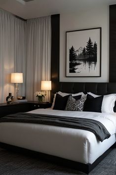 a large bed sitting in a bedroom next to two lamps on either side of it