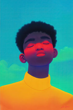 Vivid portrait of a young person with closed eyes, rendered in bold blues, reds, and oranges, set against a tranquil sky background, embodying a calm and introspective mood. Creative Spaces, The Calm, Portrait Art, Creative Space, Colorful Art, Art Work, Red And Blue, Modern Art, Fine Art Prints