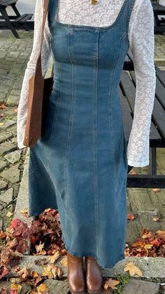 Outfit Inspirations Cottagecore, Denim Dress And Tights Outfit, Mennonite Outfit Ideas, Cold Thanksgiving Outfit, Female Clothing Aesthetic, Jean Dress Winter Outfit, 70s Rainy Day Outfit, Long Yellow Dress Outfit Casual, Outfits For The Zoo Fall