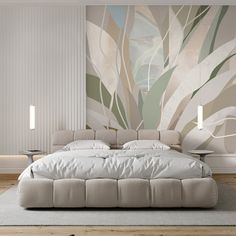 a large bed sitting in the middle of a bedroom next to a painting on the wall