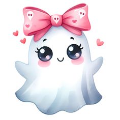 a white ghost with a pink bow on it's head and hearts around its eyes