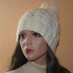 This hand Knit Hat with  large pom pom Perfect for winter and autumn  I can knit for you any style and color  please send me message if you prefer other style size fit  from 21 to ..  if you need different size let me know Casual Cream Knitted Bonnet, Cream Knitted Hat One Size, Cream Knitted Winter Hat, Hand Knitted Cream Beanie For Winter, Cream Knitted Beanie One Size, Winter Cream Crochet Hat With Soft Knit, Cream Crochet Winter Hat With Soft Knit, Cream Soft Knit Crochet Hat For Winter, White Yarn Bonnet For Winter