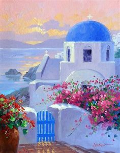 an oil painting of flowers in front of a white building with blue dome on the top