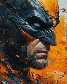 a painting of the batman in yellow and black colors with paint splatters all over it