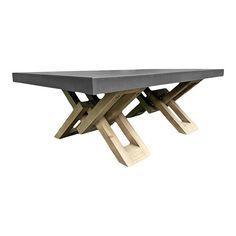 a table that is made out of wood and concrete with two intersecting legs on each side