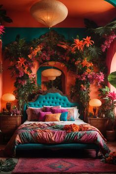 a colorful bedroom with flowers and plants on the walls