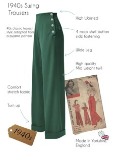 1940s Swing Trousers - Racing Green – House of Foxy 40s Aesthetic Outfits, Sewing Vintage Clothes, Trouser Patterns For Women, 40s Fashion 1940s Style, 40s Mode, Pattern Trousers, Late 30s, Pajama Pattern, Lindy Hop