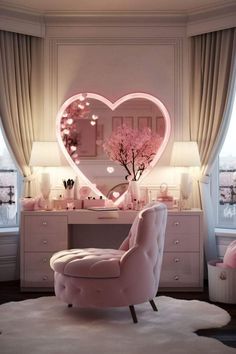 a heart shaped mirror sitting on top of a dresser next to a pink chair in front of a window