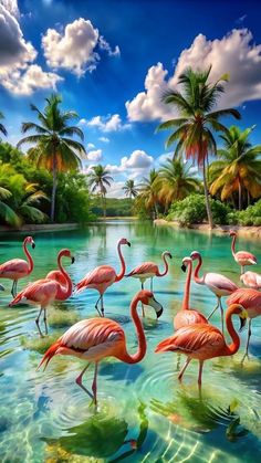 several flamingos are standing in the water near palm trees and blue sky with clouds