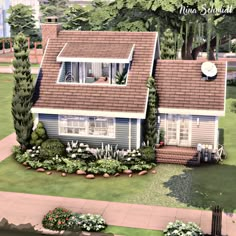 a small house with lots of plants and flowers around it