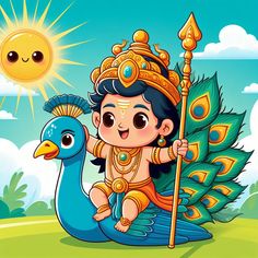 a little boy sitting on top of a peacock next to a sun and holding a stick