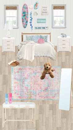 the bedroom is decorated in pastel colors and has a teddy bear on the rug