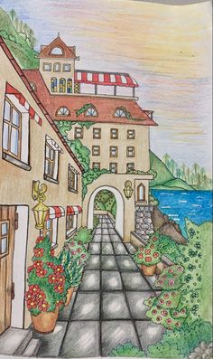 a drawing of a street with flowers and buildings on the side, along with a body of water