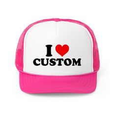 Introducing the I Love Custom Trucker Hat - the perfect accessory for any look! This custom trucker hat combines style and comfort with a trendy y2k design, making it the perfect gift for her. Stand out from the crowd and express your unique style with this one-of-a-kind trucker hat.Upon receiving your order, proof will be promptly sent to your email. Customizable Pink Trucker Hat For Summer, Trendy Personalized Baseball Cap, Novelty Snapback Trucker Hat As Gift, Customizable Novelty Trucker Hat, Novelty Customizable Trucker Hat, Customizable Novelty Trucker Hat As Gift, Customizable Novelty Trucker Hat For Gift, Customizable Pink Snapback Hat With Curved Brim, Curved Bill Trucker Hat With Letter Print As Gift