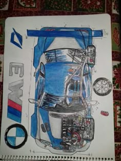 a drawing of a blue car with the hood up and numbers on it's side