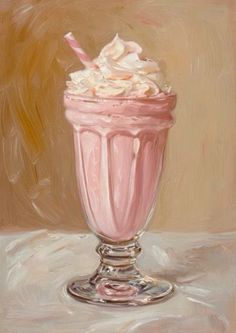 a painting of a milkshake with whipped cream and a pink straw in it