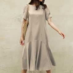 Women's Solid Cotton Linen Dress Crew Neck Short Sleeve Summer Midi Dress Plain Non-stretch Knee-length Dresses, Casual A-line Plain Dress, Solid Shift Dress For The Beach, Mid-length Dress With Pockets, Knee-length Solid Color Sundress For Spring, Knee-length Sundress In Solid Color, Solid Color Knee-length Sundress For Spring, Beach Shift Midi Dress, Beach Shift Dress